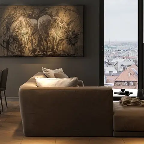 Render of a top-floor apartment living-dining with a charcoal 3D stone-block wall