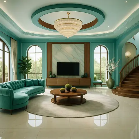 Render of a turquoise living room where a tiered crystal chandelier hangs inside a circular ceiling drop