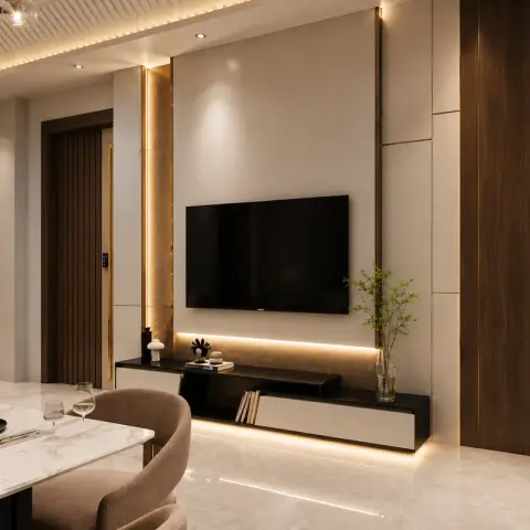 Render of a TV wall in ivory PU panels split by thin brass inlay lines and a walnut flank panel