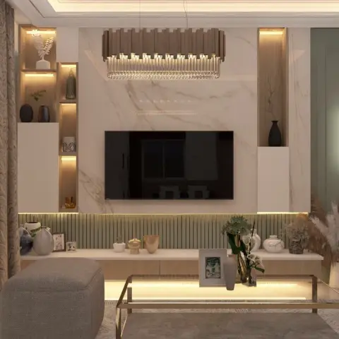 Render of a TV wall in white marble slab with a rectangular crystal bar chandelier above it, sage fluted panelling running below the screen