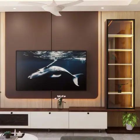 Render of a TV wall where a rounded-corner mocha-brown panel is backlit against light oak veneer grooved panelling