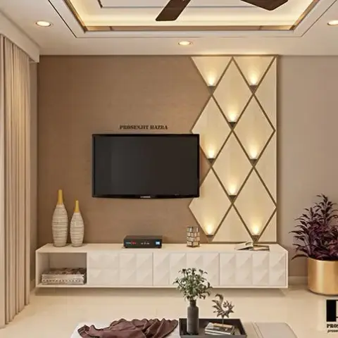 Render of a TV wall where backlit diamond-shaped panels run up beside a beige textured wall, over a white 3D-embossed wall-hung console