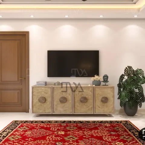 Render of a TV wall where a bleached-wood sideboard with four carved sunburst discs and ring pulls sits under a wall-hung screen