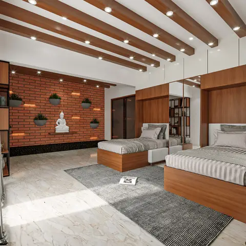 Render of a twin-bed guest room with an exposed brick accent wall featuring a Buddha statue and planter niches, and a wood-beamed ceiling.