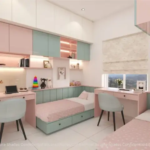 Render of a twin children's bedroom in blush and mint joinery, with two drawer-storage beds tucked under an L of overhead cabinets