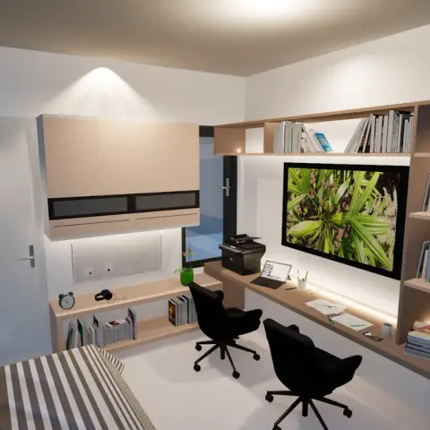 Render of a two-person built-in study: an oak-laminate desk run under strip-lit open shelving stacked with books, a wall-mounted screen between the towers