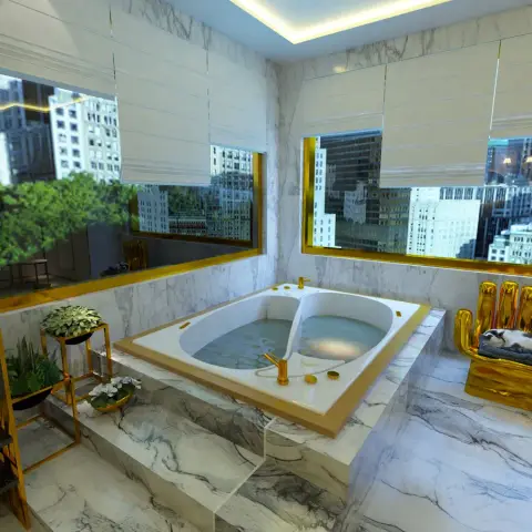 Render of a two-person sunken tub on a stepped white marble plinth trimmed in gold