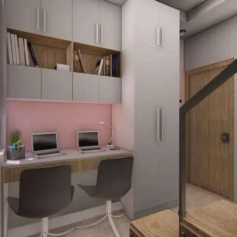 Render of a two-seat built-in study nook beside a staircase, with a blush-pink back panel, light-oak desk top, white overhead shutters and an open book shelf.
