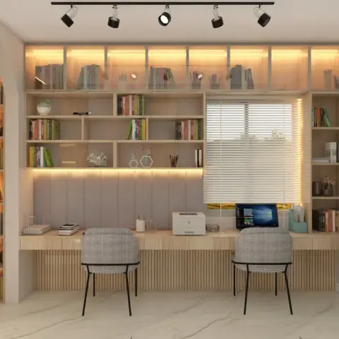 Render of a two-seat home study built as one light-oak wall unit — fluted desk facia