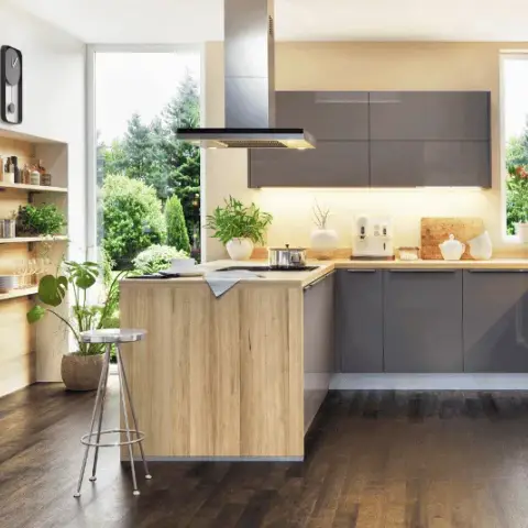 Render of a U-shaped kitchen with grey gloss handleless units and an oak-clad peninsula carrying the hob under a steel island hood
