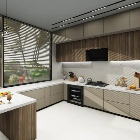 Render of a U-shaped kitchen in beige and walnut handleless shutters that turns into a peninsula breakfast counter with two round stools
