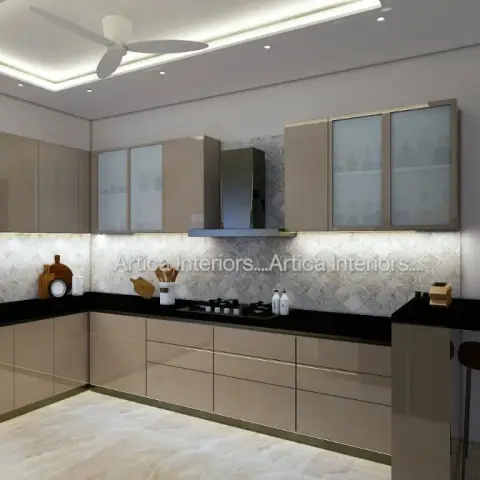 Render of a U-shaped taupe glossy modular kitchen with a black granite countertop, arabesque-pattern tile backsplash, and a breakfast bar with a stool