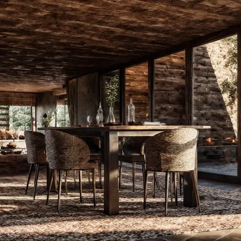 Render of a villa dining room under a rough-sawn timber board ceiling on exposed beams