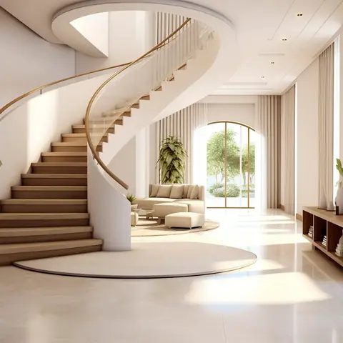 Render of a villa entrance hall: a curving staircase with oak treads behind a glass-and-brass balustrade, a round wood-framed mirror over a low cubby console