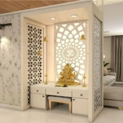 Render of a walk-in pooja niche framed as a freestanding box off the living room, with a backlit lotus-pattern jaali carrying a cut-out Om behind a brass