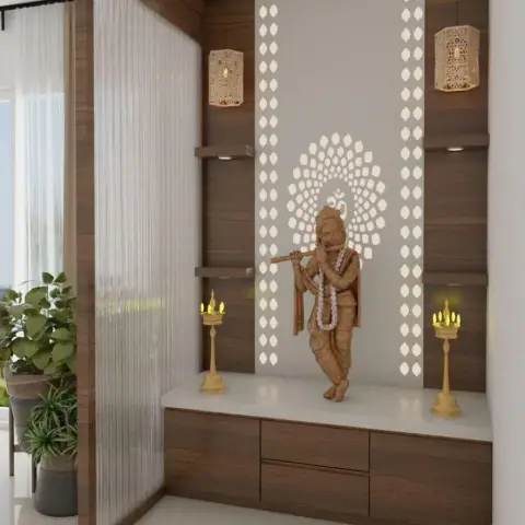 Render of a wall-hung pooja unit in walnut veneer with a white stone counter, a cut-out Om-and-lotus motif behind the flute-playing Krishna idol