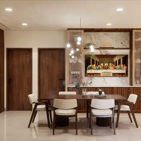 Render of a walnut dining room where a carved ivory lily relief covers the left wall and the crockery unit is built around a framed Last Supper painting