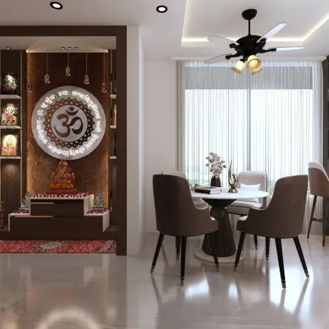 Render of a walnut pooja alcove with a carved Om mandala backdrop and hanging brass bell lights