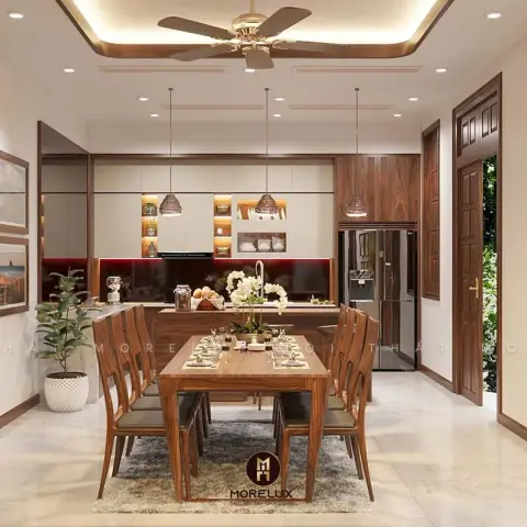 Render of a walnut six-seater dining table on a grey shag rug, with two woven rattan pendants flanking a wooden ceiling fan and framed art hung in grids on