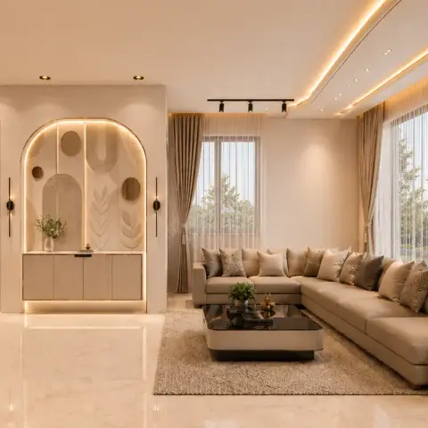 Render of a warm beige living room with an L-shaped sofa, glass coffee table, sheer floor-to-ceiling curtains and a gold-lit arched wall niche beside a private