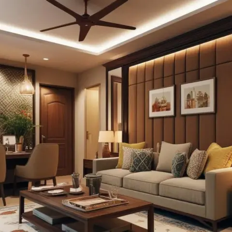 Render of a warm living room where a tan upholstered panelled wall carries two small framed prints behind an oatmeal sofa, with mirror strips at both ends