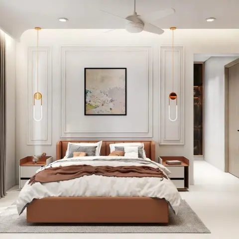 Render of a white bedroom whose headboard wall carries three picture-frame mouldings around a pale abstract canvas, with a tan leather platform bed