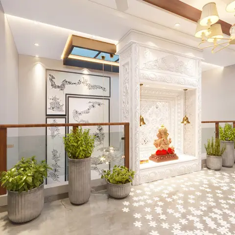 Render of a white carved mandir built as a freestanding shrine with a jaali back panel and two hanging brass bells around a Ganesh idol
