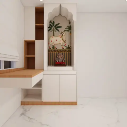 Render of a white pooja corner where a cusped-arch mandir niche backed by a Pichwai cow-and-palm panel sits over closed shutter storage