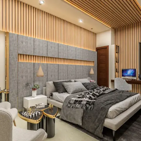 Render of a wide bedroom where a concrete-panel headboard wall carries a backlit fluted recess with two conical pendants
