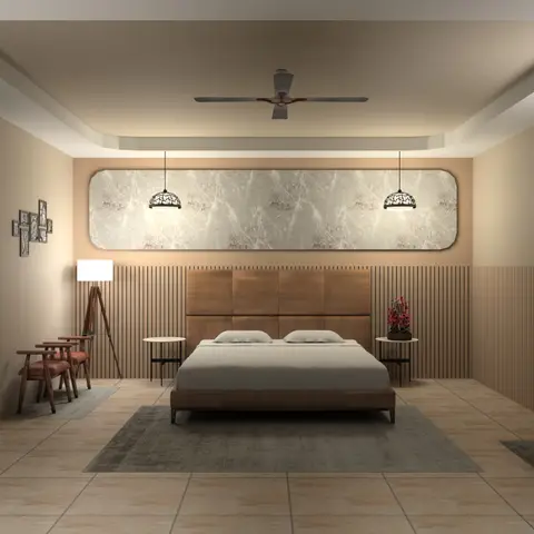 Render of a wide bedroom where a slatted wood dado wraps the walls behind a panelled walnut headboard, with a backlit marble-look inset above the bed