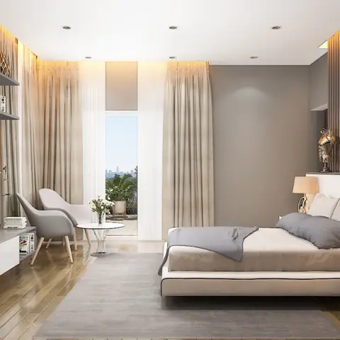 Render of a wide bedroom with grey fluted panelling on both the TV wall and the headboard wall, a backlit floating console flanking the bed
