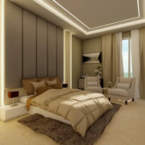 Render of a wide beige bedroom - taupe channelled upholstery running full height behind the low bed, vertical LED strips down each side of it