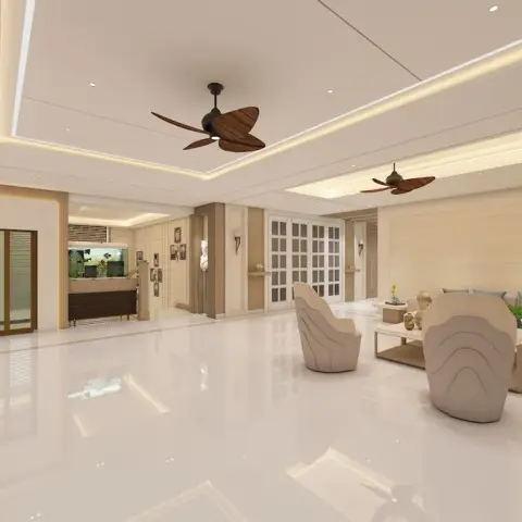 Render of a wide beige living hall under a stepped cove-lit ceiling with two dark wooden fans