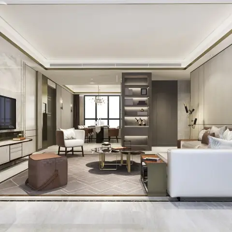 Render of a wide living room where an onyx-look slab TV wall edged in brass faces a leather sofa and white boucle settee
