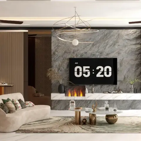 Render of a wide living room where a grey marble slab wall carries the TV over a linear flame fireplace, faced by a curved cream sofa