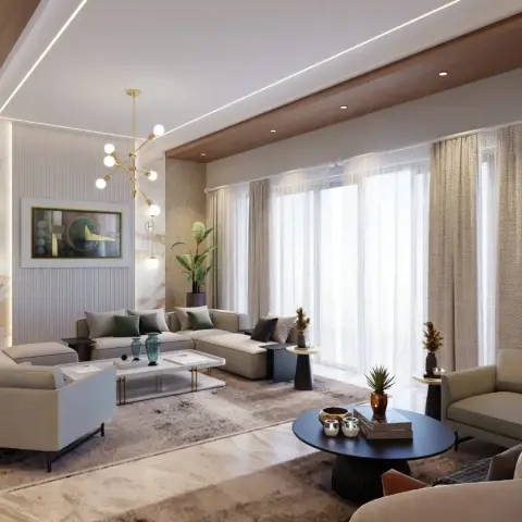 Render of a wide living room with two beige seating clusters under a brass sputnik chandelier, a marble-and-fluted feature wall behind