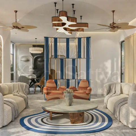 Render of a wide living room split by a curved blue-and-brass striped screen, with two cream boucle sofas, terracotta ribbed armchairs
