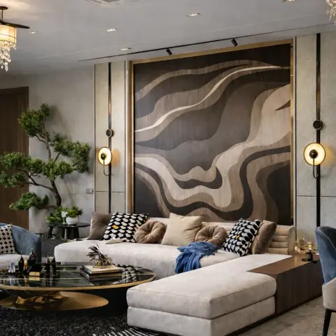 Render of a wide living room where a low greige modular sofa sits under an oversized wavy wood-marquetry panel