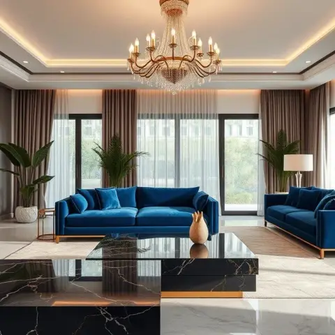 Render of a wide living room with two royal-blue velvet sofas on brass legs facing a stepped black marble coffee table