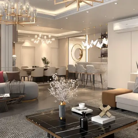 Render of a wide open living-dining with a marble-fronted home bar: two seating groups around black marble coffee tables