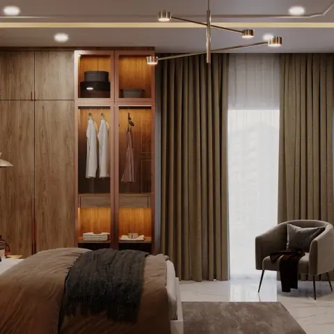 Render of a wood-lined master bedroom where a glass-fronted, internally lit wardrobe bay breaks the run of solid veneer shutters