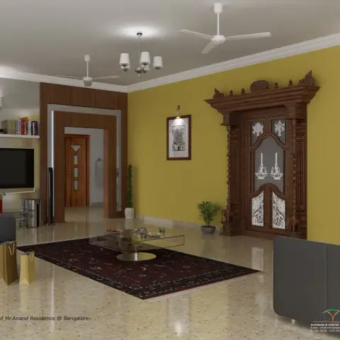 Render of a yellow-walled living room with a carved wooden pooja door niche, grey sofas, an LG TV console, and a dark medallion-pattern rug.