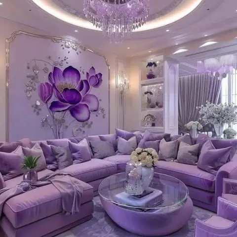 Render of an all-purple living room with a sectional velvet sofa, an oversized painted flower mural, and a large crystal chandelier under a domed ceiling.