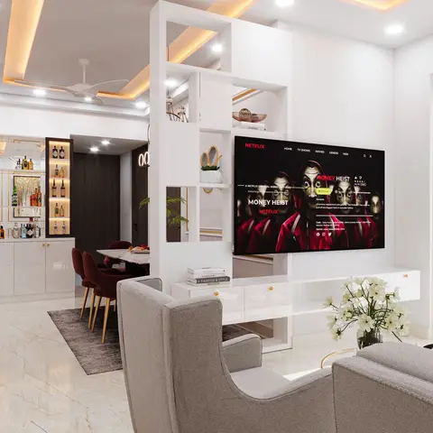 Render of an all-white living room where the TV hangs on a white open-grid partition over a gloss console