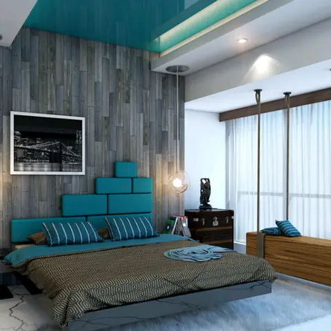 Render of an eclectic bedroom with a teal block-tufted headboard against a grey wood-plank wall, a low floating platform bed
