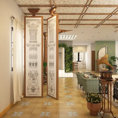Render of an eclectic living space with patterned encaustic floor tiles, a carved wood-framed decorative screen with temple-motif artwork, a wood grid ceiling