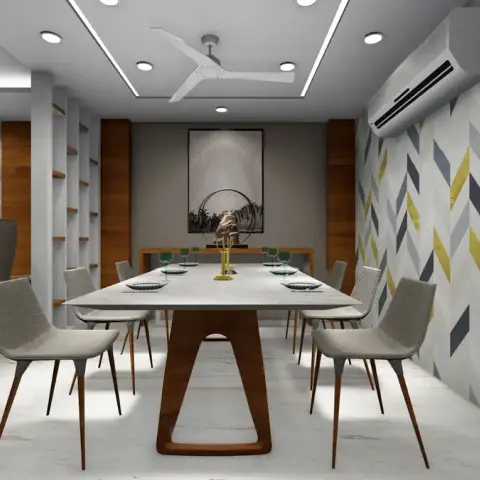 Render of an eight-seater dining room with a white stone top on a wooden trestle base, grey-and-mustard chevron wallpaper down one long wall
