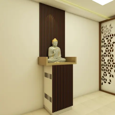 Render of an entrance display niche with vertical fluted wood panelling holding a Buddha statue, beside a hexagonal jaali-pattern door.