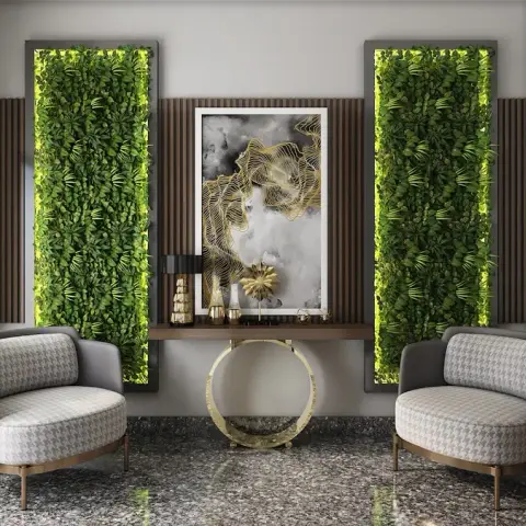 Render of an entrance foyer where two tall green-wall panels flank a gold-and-grey abstract artwork above a walnut console on a polished brass ring base