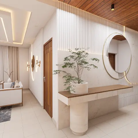 Render of an entrance foyer with a marble-clad console table, a round brass-framed mirror and fluted panelling beneath a wood-slat ceiling